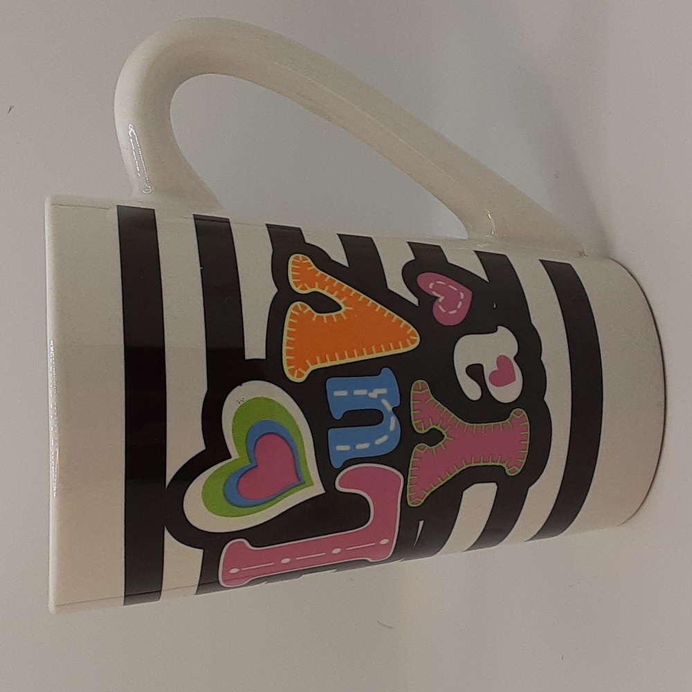 Luv Ya Colorful Retro-Style Pink Orange Text Black White Striped Mug 12 oz